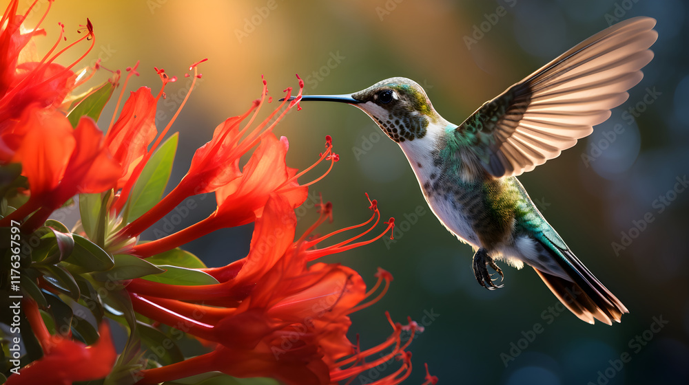 Fototapeta premium Iridescent Hummingbird in Flight: Capturing the Moment of Precision Feeding