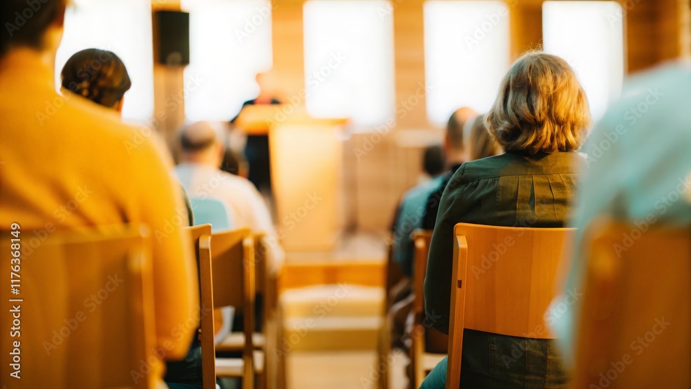 A softened view of people seated in a town hall meeting with a speaker at the podium.
A softened view of people seated in a town hall meeting with a speaker at the podium.