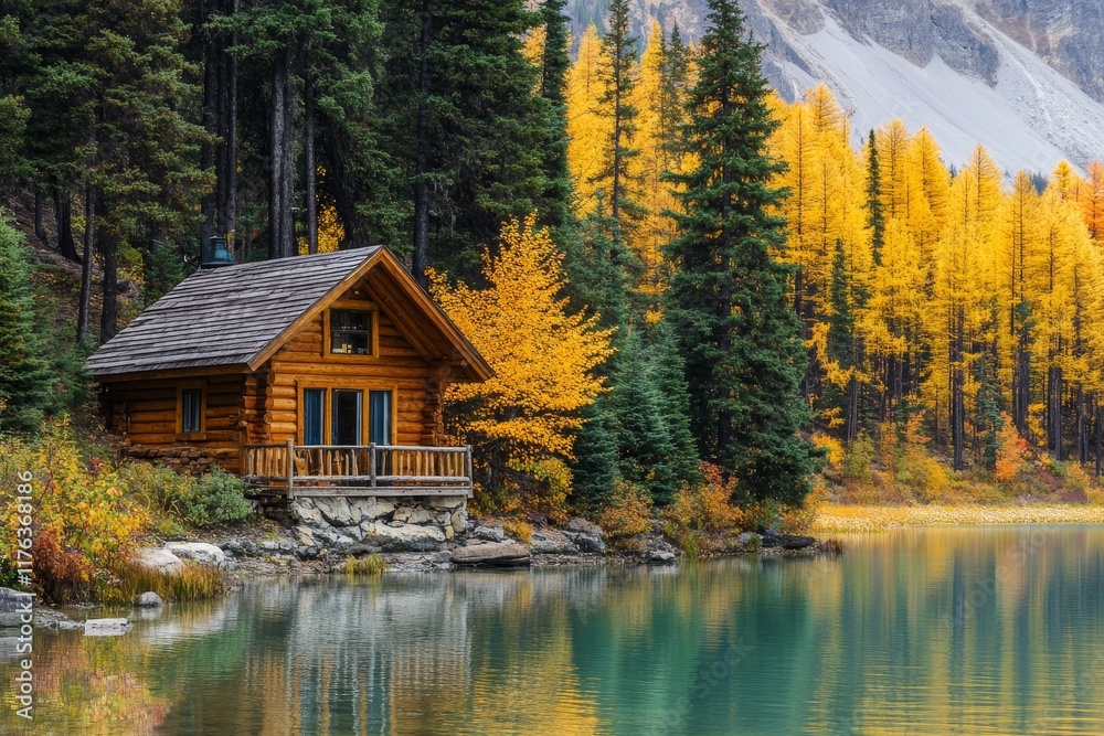 Fototapeta premium Secluded log cabin by pristine lake, vibrant autumn foliage.