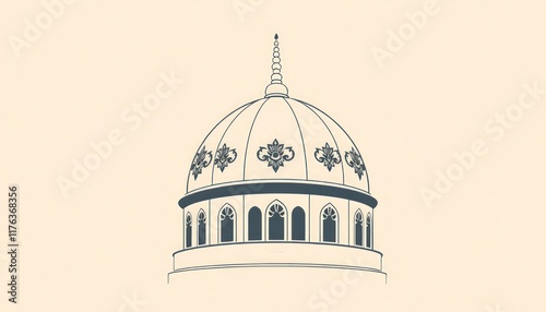 Abstract mosque dome with symmetrical ornamental details in a modern monoline style.