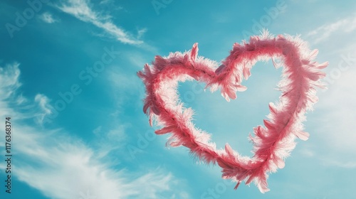 A charming heart shape crafted from pink feathers, set against a vivid blue sky with soft, wispy clouds, embodying the concept of love
