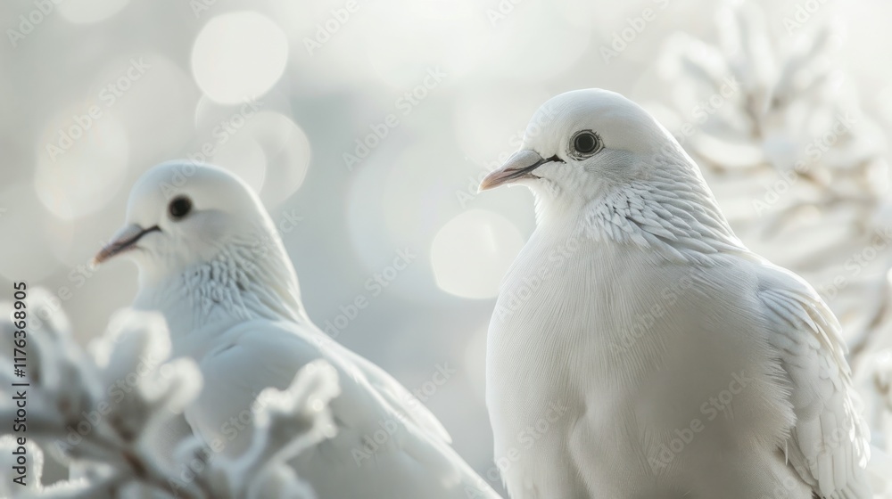 Fototapeta premium Two elegant white birds perched gracefully amidst a soft, frosty background with a dreamy bokeh effect, capturing the essence of winter beauty and tranquility.