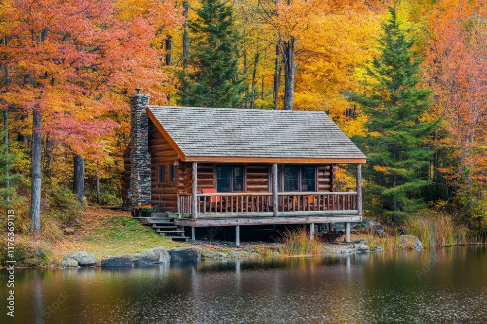 Fototapeta premium Rustic log cabin by autumn lake. (1)