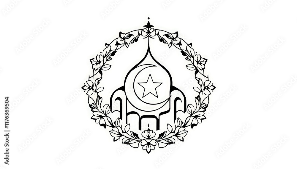 Obraz premium Circular mosque monogram with a crescent and star centerpiece, framed by floral ornaments.