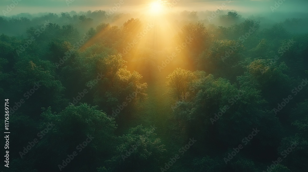 Fototapeta premium A serene sunrise illuminating a dense forest, creating a mystical atmosphere with soft light and fog.