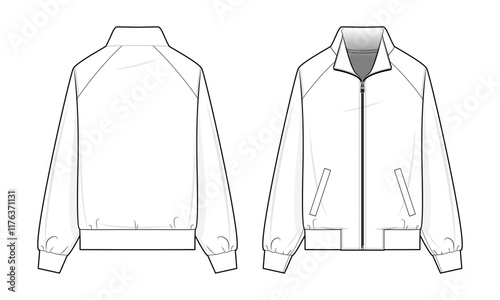 Track jacket technical fashion illustration. Track jacket vector template. Front and back view. Raglan sleeves. Unisex. Activewear. Sportswear. Zip-up jacket. Minimalist design. Unisex. CAD mockup.