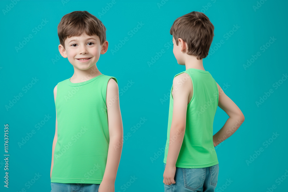 boy wearing a green sleeveless t-shirt tank top mockup front and back used as a design template boy wearing a green sleeveless t-shirt tank top mockup front and back used as a design template