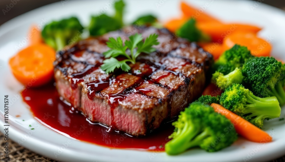 Perfectly Grilled Steak with Red Wine Reduction and Fresh Steamed Vegetables Perfectly Grilled Steak with Red Wine Reduction and Fresh Steamed Vegetables