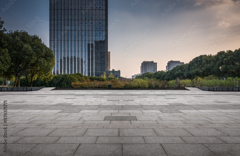 Fototapeta premium Serene Urban Landscape Featuring Modern Architecture and Greenery