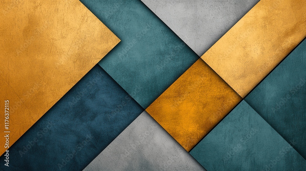 An abstract composition featuring geometric shapes in teal, gold, and gray, creating a modern and artistic visual appeal. An abstract composition featuring geometric shapes in teal, gold, and gray, creating a modern and artistic visual appeal.