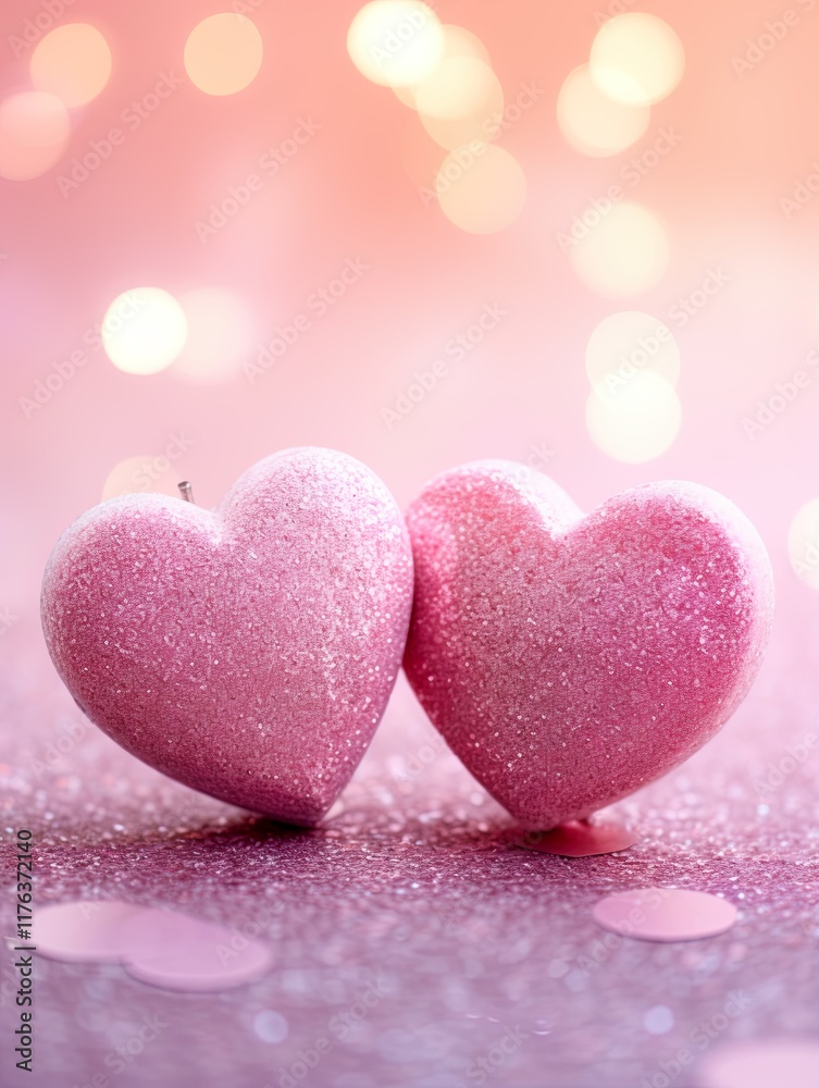 Obraz premium Valentines day festive background with two hearts In Shiny Background Valentine's Day glitter background