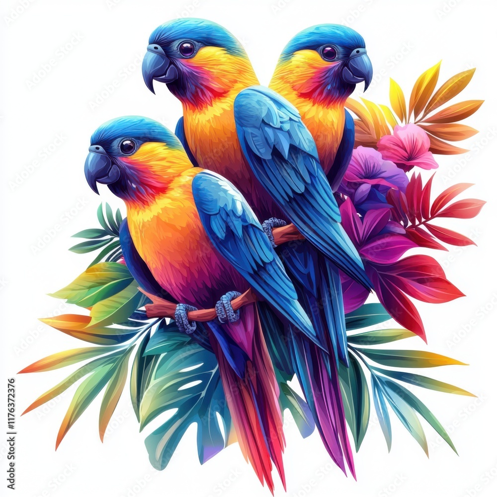 Fototapeta premium Colorful exotic birds in vibrant tropical setting wildlife art lush environment artistic viewpoint