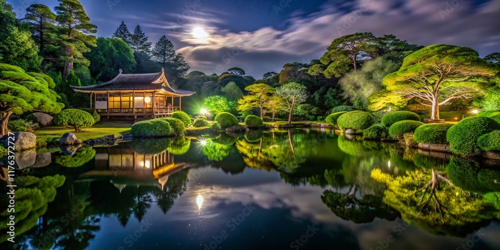 Tranquil Kyoto Imperial Palace Pond Night Photography - Lush Greenery, March 2024 Tranquil Kyoto Imperial Palace Pond Night Photography - Lush Greenery, March 2024