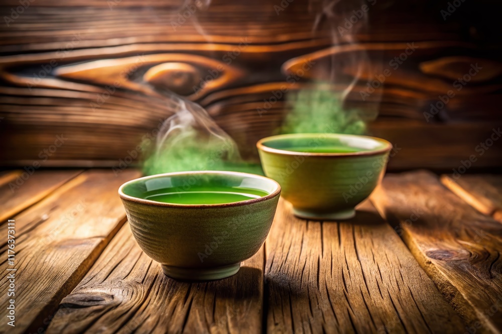 Tranquil Tea Ceremony: Two Green Tea Cups on Wooden Table Tranquil Tea Ceremony: Two Green Tea Cups on Wooden Table