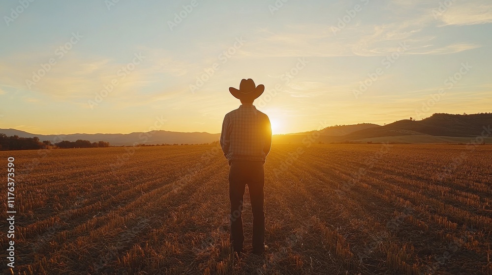 Fototapeta premium Silhouetted farmer in a cowboy hat stands in a harvested field at sunset. Image depicts rural life, agriculture, and the beauty of nature.
