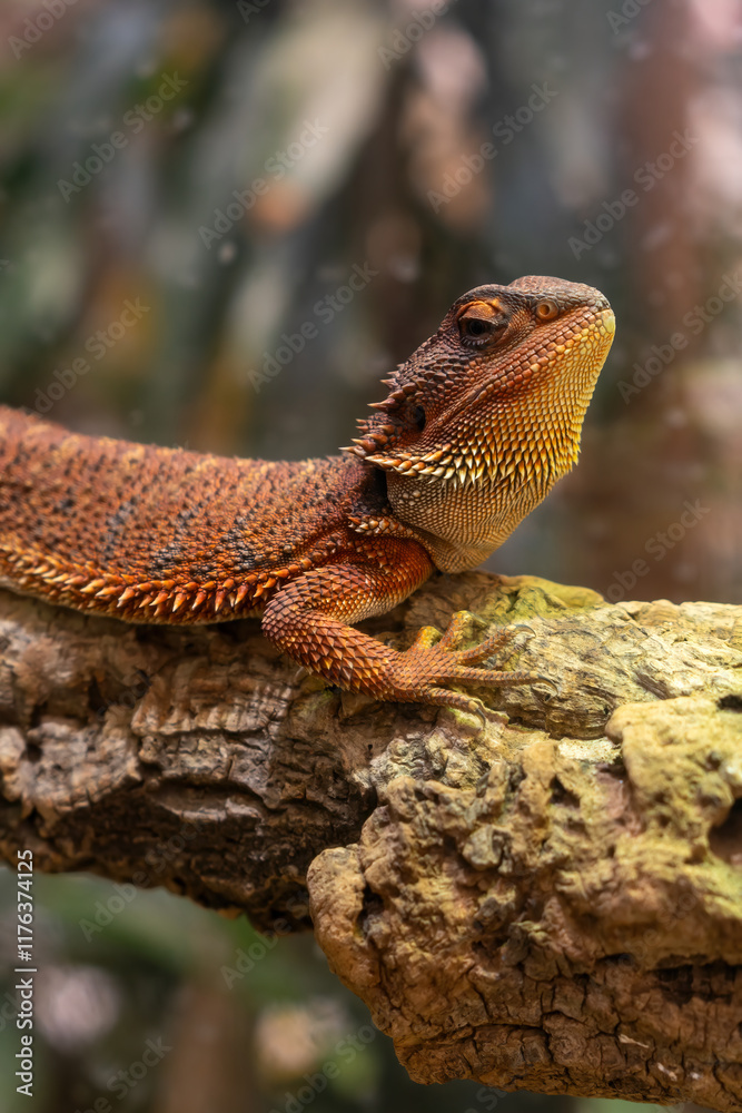 Obraz premium Captivating Close-up of a Bearded Dragon on a Branch