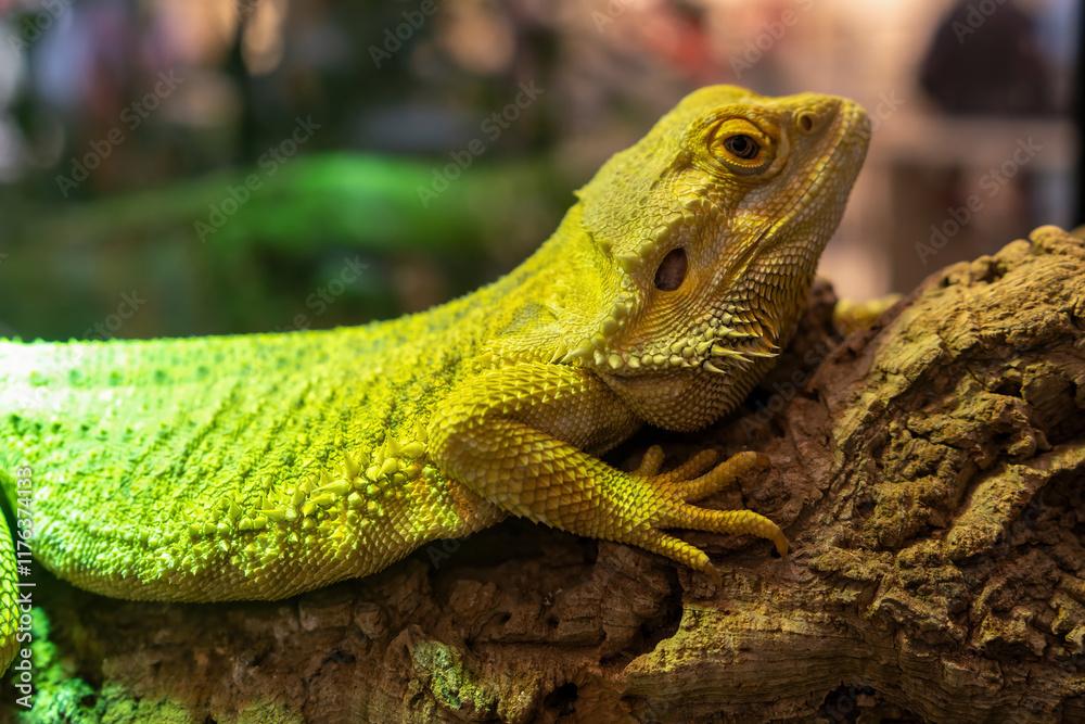 Fototapeta premium Close-Up of a Vibrant Bearded Dragon on a Natural Log