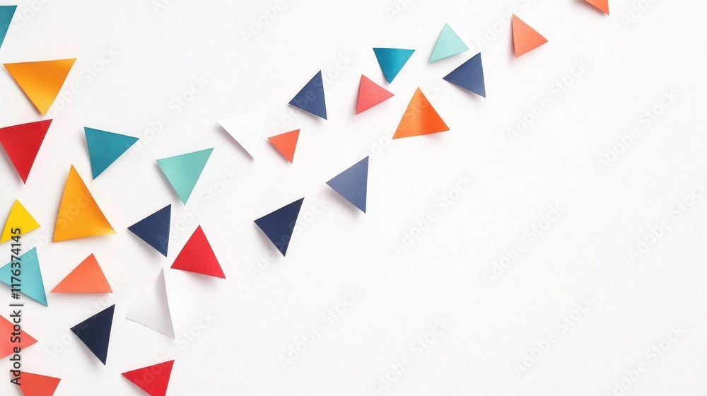 A lively string of colorful triangular bunting on a minimalist white background, ideal for banners, flyers, and festive event designs A lively string of colorful triangular bunting on a minimalist white background, ideal for banners, flyers, and festive event designs