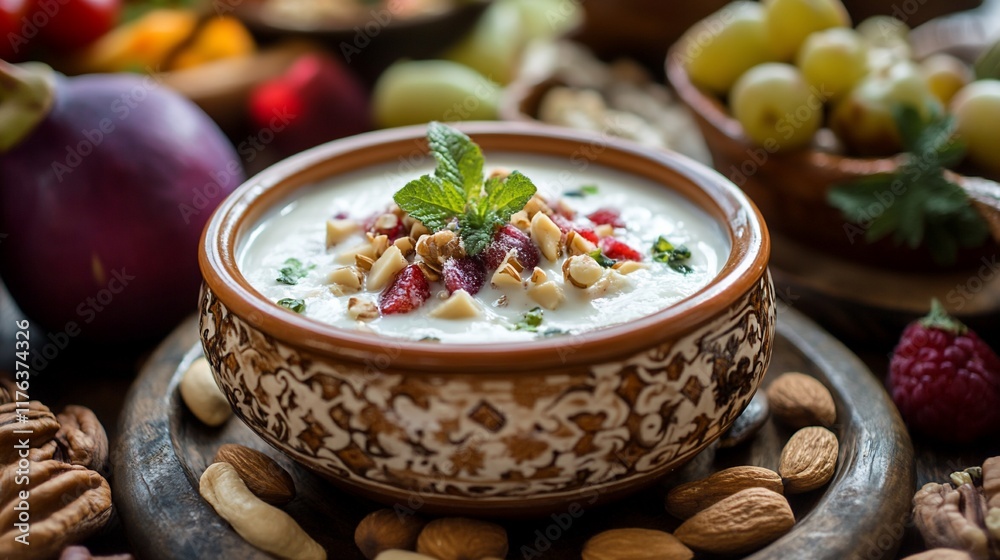 Creamy yogurt bowl with fresh fruit and nuts. Creamy yogurt bowl with fresh fruit and nuts.
