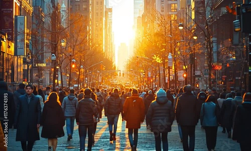 Crowded city street at sunset with warm golden light illuminating buildings.