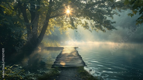 Serene Morning Scene at a Tranquil Lake with Mist Rising, Sunlight Filtering Through Leaves, and a Weathered Wooden Dock Inviting Reflection and Peacefulness