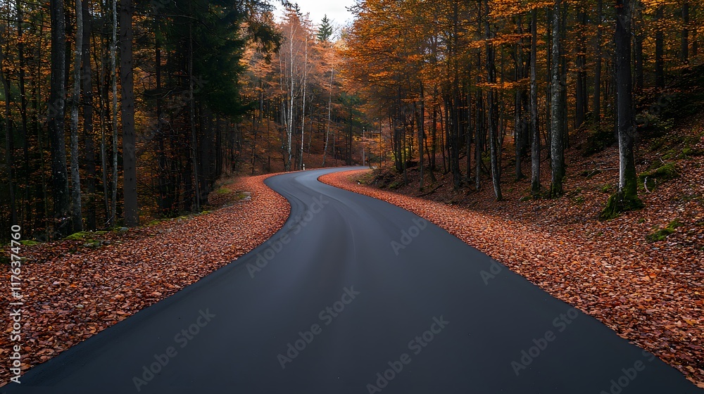 Fototapeta premium Winding Narrow Road Through Autumn Countryside Surrounded by Colorful Leaves and Tall Trees