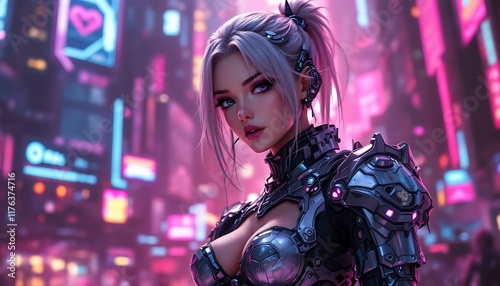 Cyberpunk City: A Futuristic Female Warrior in Neon Lights