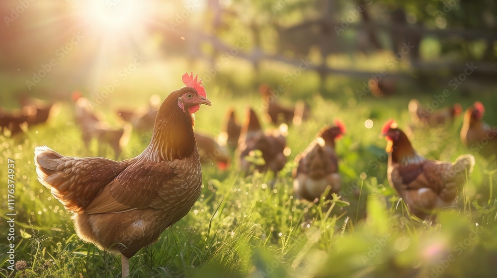 Fototapeta premium Majestic Brown Hen foraging in a Sunlit Pasture with a Flock of Chickens in the Background, Capturing the Beauty of Rural Life and Nature's Delight