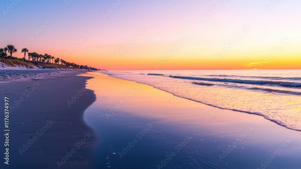 Fototapeta premium Serene Beach Sunset with Calm Water and Colorful Sky Reflection