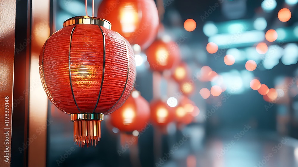 Obraz premium A cluster of vibrant traditional red lanterns glowing brightly and illuminating the entrance of a lively Asian cultural festival or The lanterns create a warm