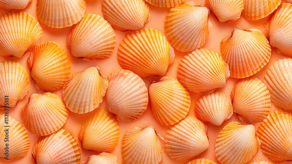 A vibrant collection of orange seashells arranged closely together, showcasing their unique textures and patterns against a soft background.