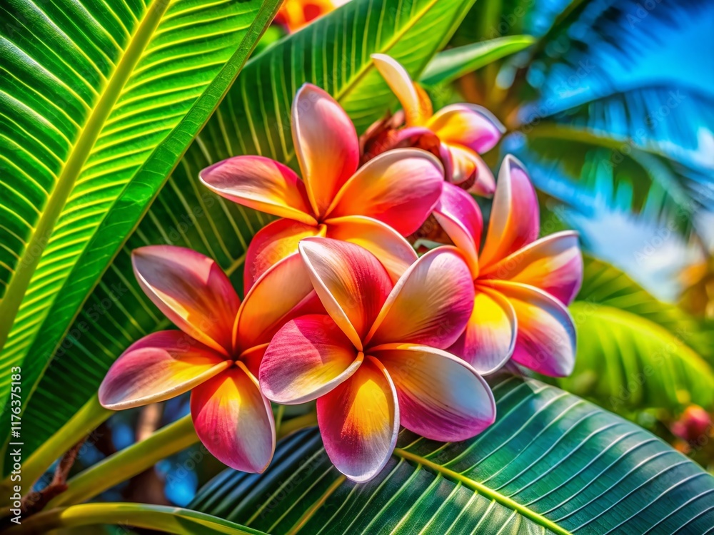 Obraz premium Tropical Island Paradise: Frangipani Blossoms and Palm Leaves