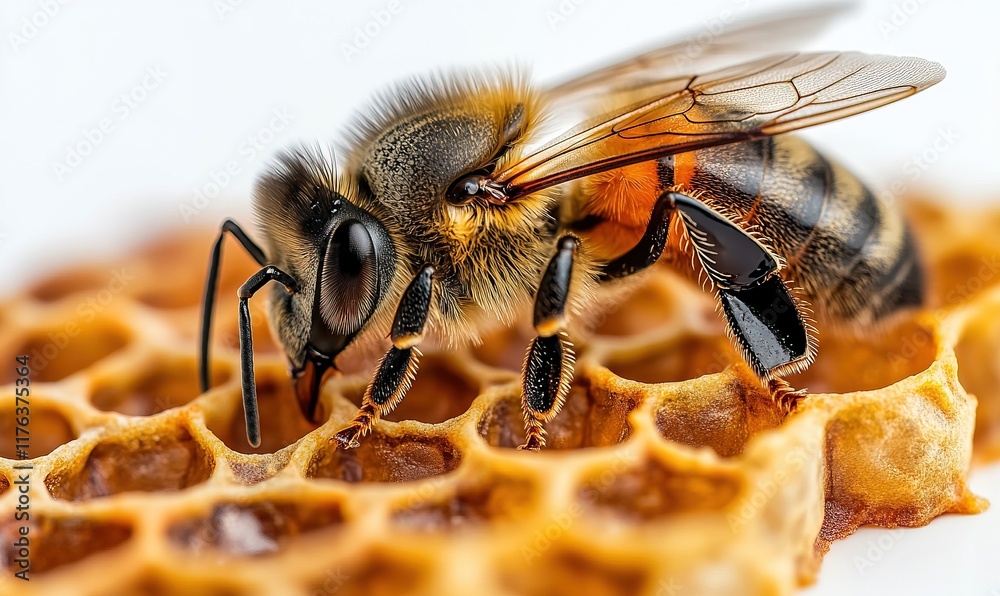 A close-up of a bee on honeycomb, showcasing its details and habitat. A close-up of a bee on honeycomb, showcasing its details and habitat.