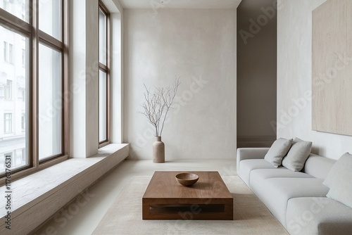 A modern minimalist interior design in the living room with a small sofa and table. Generative AI
