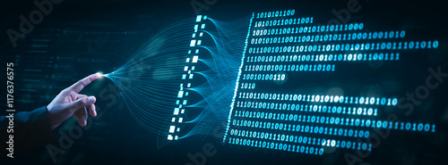 Visual representation of big data processing and binary code integration. Showcases AI, machine learning, and data flow concepts, emphasizing innovation in analytics and data-driven technology