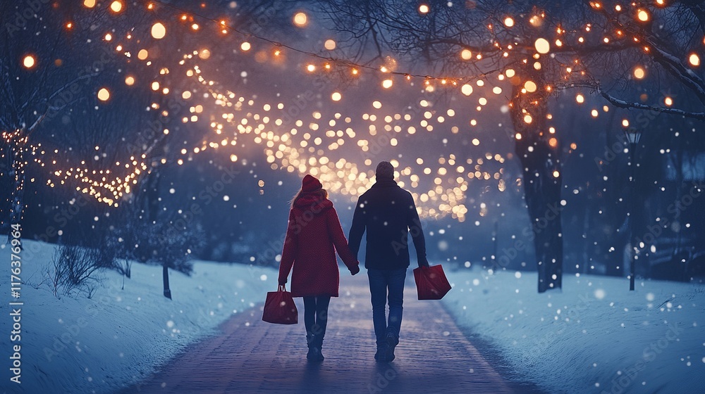 Romantic Winter Evening with Couple Walking Under Fairy Lights, Matching Red Scarves, Smiling Romantic Winter Evening with Couple Walking Under Fairy Lights, Matching Red Scarves, Smiling