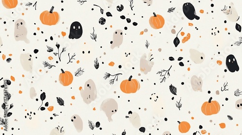 A whimsical Halloween-themed pattern with ghosts and pumpkins. photo