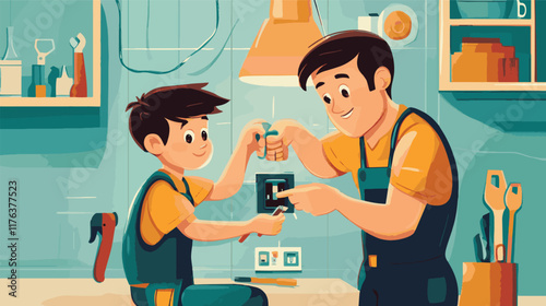 vector cartoon parent and son cooperation