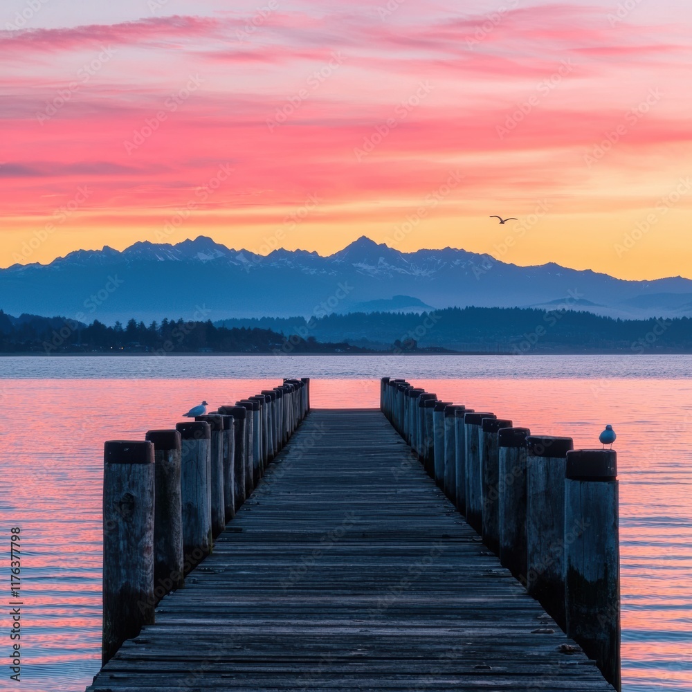 Fototapeta premium Tranquil Sunset Over Serene Pier with Mountain Backdrop and Sky