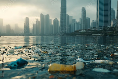 Water pollution in the sea that close to skyscraper building near the city  photo