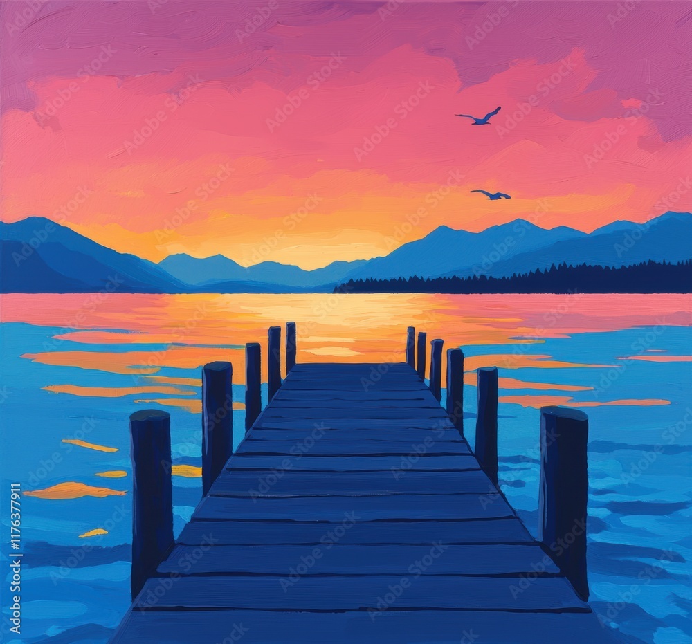 Vibrant Sunset Over Calm Waters with Dock and Mountains in Background