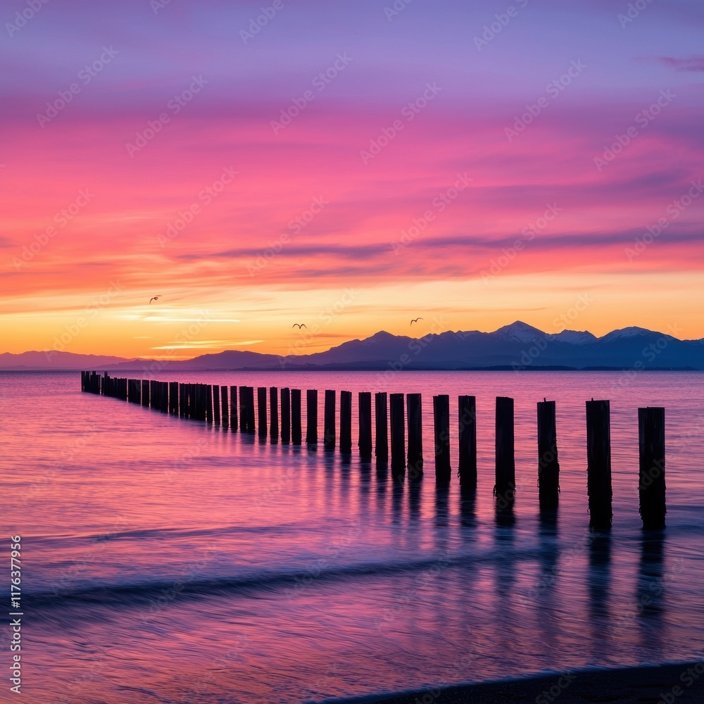 Serene Sunset Over Calm Waters with Wooden Pillars and Mountains Serene Sunset Over Calm Waters with Wooden Pillars and Mountains