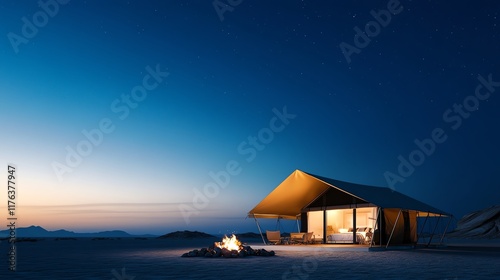 Desert resort hotel with luxurious tents, fire pits, and starry skies, offering a unique glamping experience