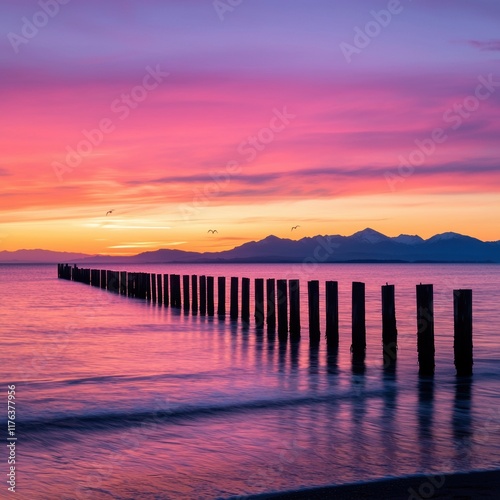 Wallpaper Mural Serene Sunset Over Calm Waters with Wooden Pillars and Mountains Torontodigital.ca