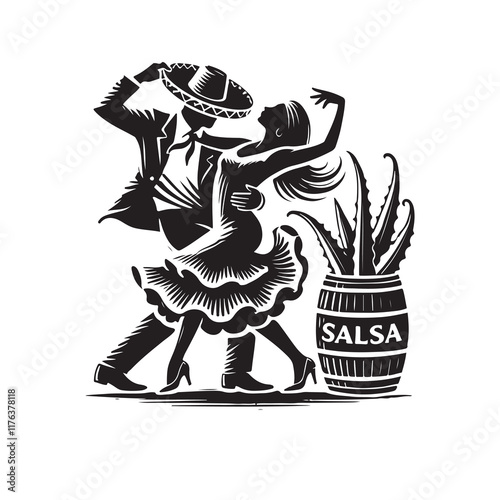 Salsa Silhouette Vector Illustration, Solid White Background.