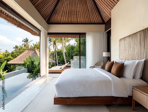 Exotic Balinese resort with traditional thatchedroof villas, lotus ponds, and serene tropical gardens photo