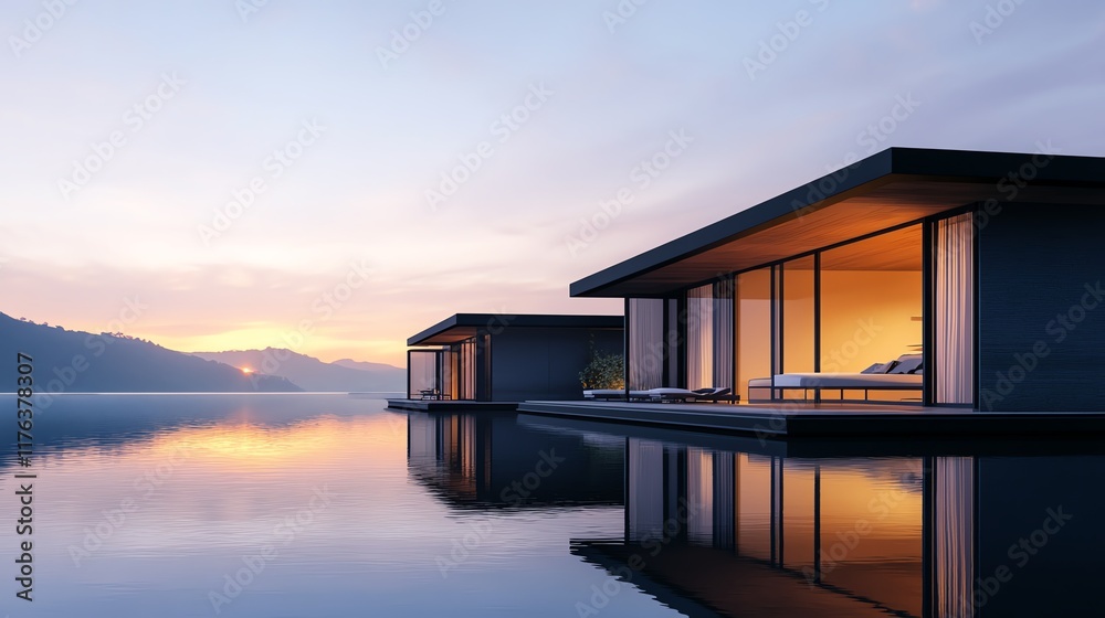 Floating resort on a serene lake with modern architecture, private decks, and stunning sunrise reflections Floating resort on a serene lake with modern architecture, private decks, and stunning sunrise reflections