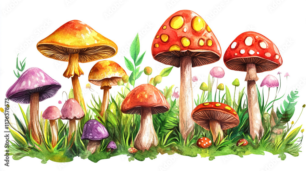 A vibrant and whimsical illustration of various colorful mushrooms and florals, glowing vividly under colorful painting, beautiful, colorful, black and white mushrooms background. A vibrant and whimsical illustration of various colorful mushrooms and florals, glowing vividly under colorful painting, beautiful, colorful, black and white mushrooms background.