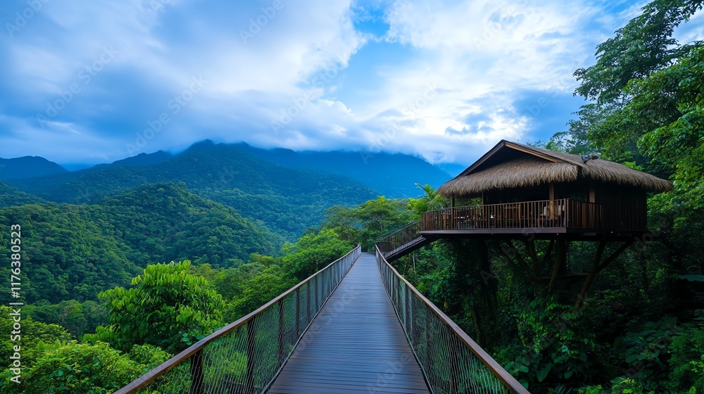 Jungle resort with treehouses, rope bridges, and openair dining spaces, offering an immersive natural experience Jungle resort with treehouses, rope bridges, and openair dining spaces, offering an immersive natural experience