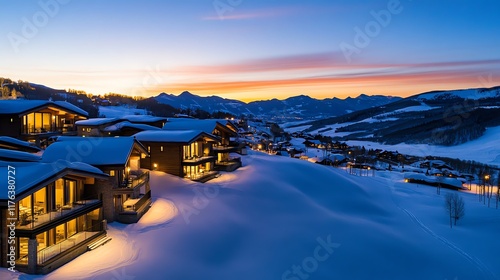 Ski inn with heated outdoor hot tubs, alpinestyle architecture, and proximity to snowy slopes for winter sports lovers photo